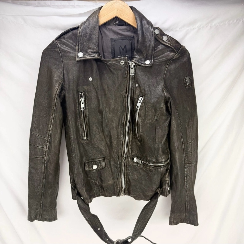 Mauritius Lamb Leather Jacket Moto Womens Sz 6 Slim Fit Brown Distressed Belted